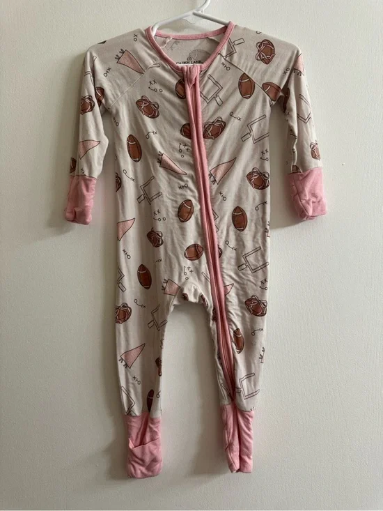 Caden Lane Pink & Cream Football Print Kids One-Piece Pajama