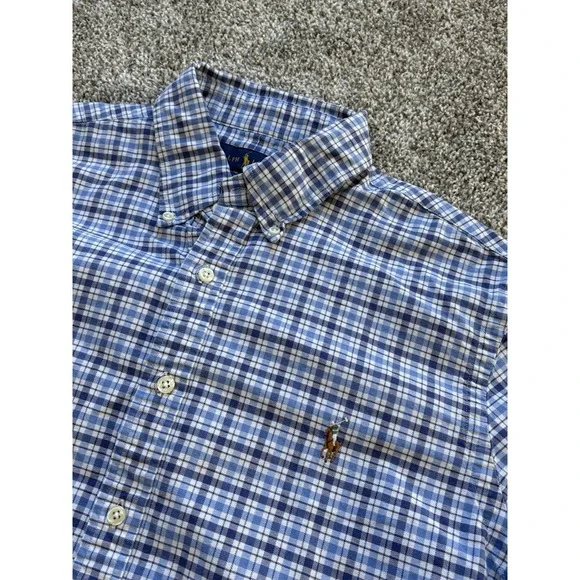 Ralph Lauren Mens Slim Fit Short Sleeve Plaid Button Down Shirt Blue White large