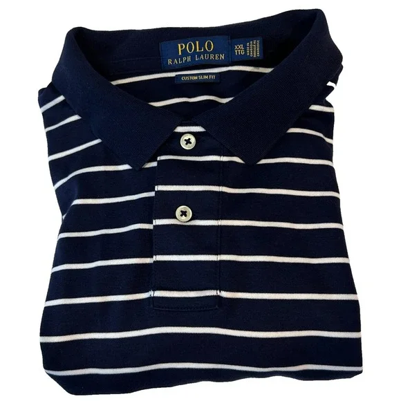 POLO Ralph Lauren Men's Custom Slim Fit Shirt XXL Navy White Stripe‎ Pony Logo