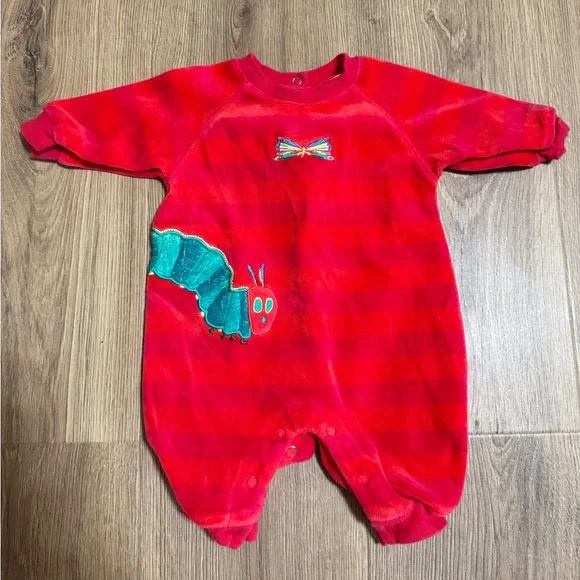 Carter's 0-3M Vintage Red Striped‎ Velour Hungry Caterpillar Outfit Eric Carle
