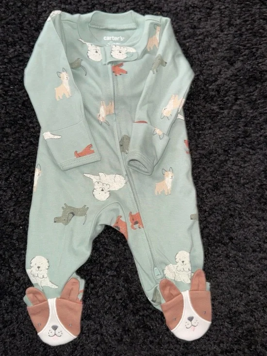 Carter's Sage Green Animal Print Footed One-Piece with Puppy Feet