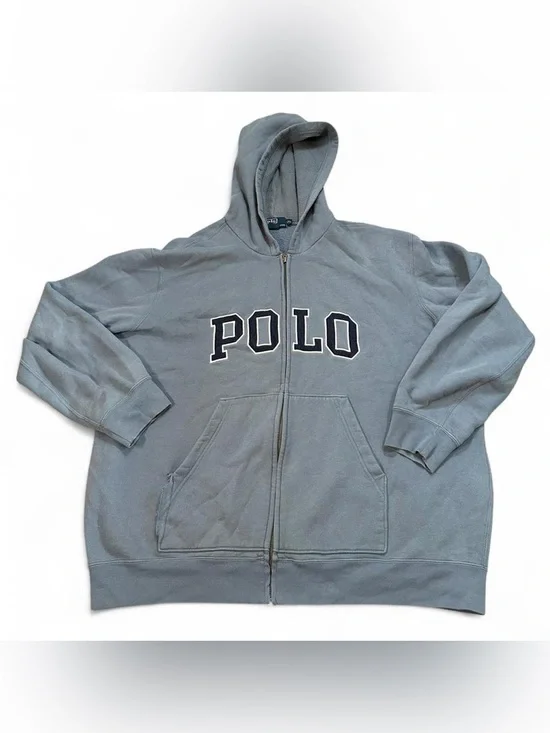Polo Ralph Lauren Men’s Gray Blue Vintage 90s Spell out Full Zip Hoodie Size XXL