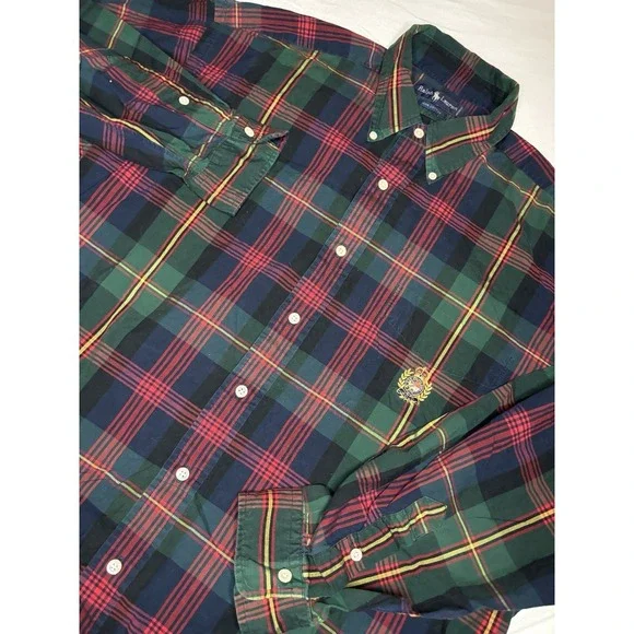 Vintage Ralph Lauren Plaid Long Sleeve Button Down Shirt XL Big Crown Logo Crest