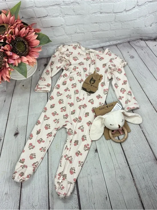NWT Rabbit & Bear Pink Floral Footed One-Piece 6-9M organic cottagecore coquette