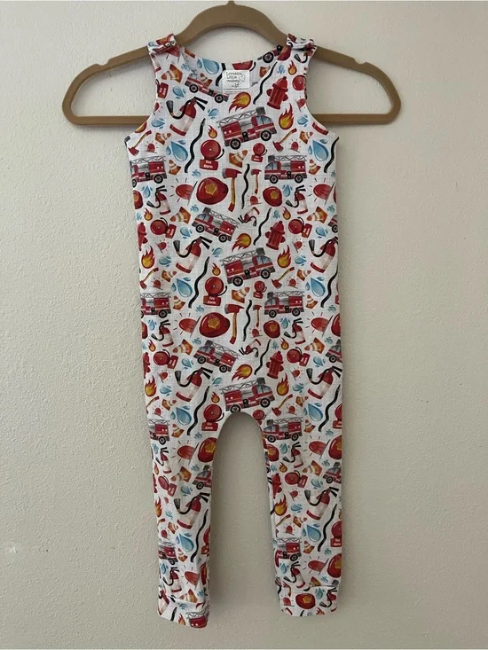 Fire Truck Print Kids One-Piece Romper - White/Red