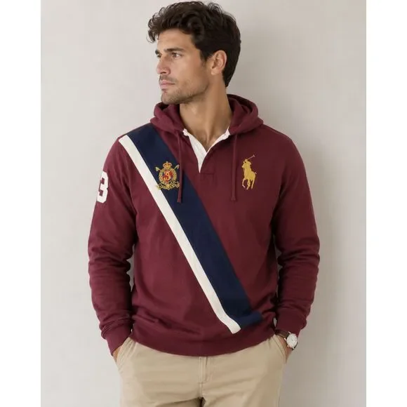 Polo Ralph Lauren Big Pony Fleece Rugby Hoodie Crest Burgundy Men's XXL