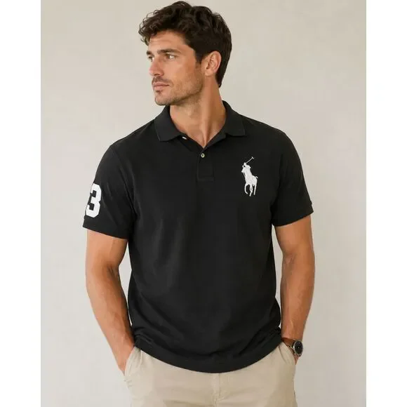 Polo Ralph Lauren Big Pony Mesh Cotton Polo Shirt Black Short Sleeve Men's XXL