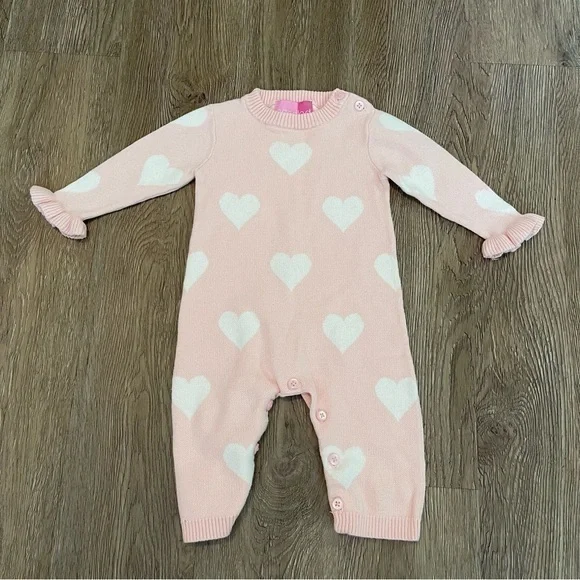 Good Lad Pink Knit Long Sleeve Heart Print Onesie Ruffle Valentines Size 6 Month