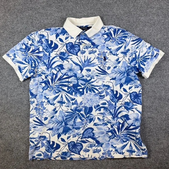 Polo Ralph Lauren Shirt Mens M Blue White Floral Contrast Collar Hawaiian Pony