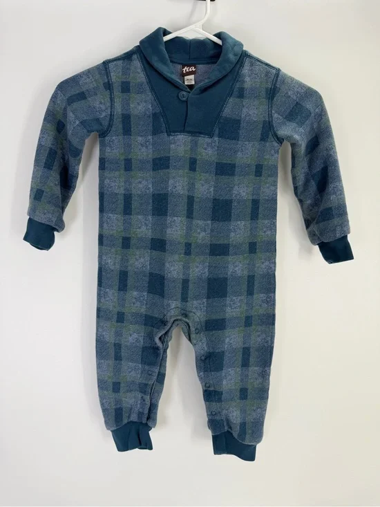 Tea Collection Kids Blue Green One Piece Long Sleeve Plaid Jumpsuit Size 18-24 M