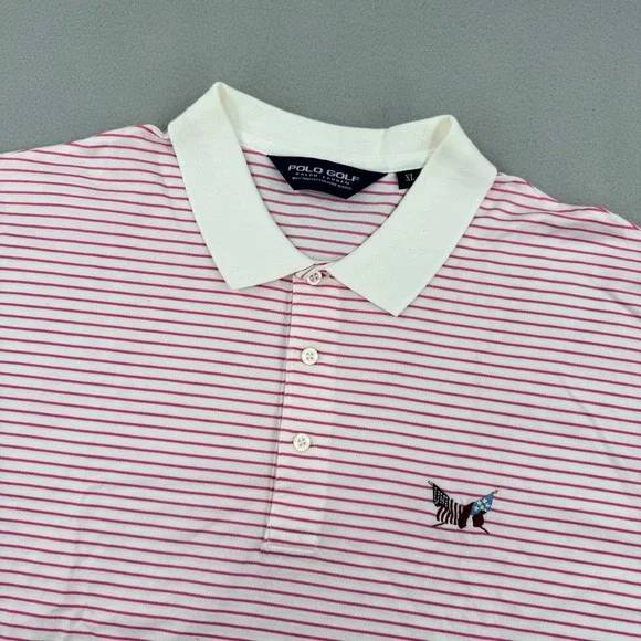 Polo Golf Ralph Lauren Mens XL Pink‎ Striped Short Sleeve Performance Polo Logo