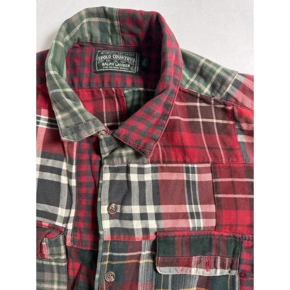 Vintage 90s Polo Country Ralph Lauren Patchwork Plaid Flannel Shirt Mens L