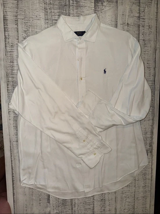 Polo by Ralph Lauren White Long-Sleeve Dress Shirt with Navy Logo