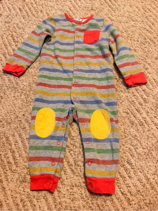 Baby Boden Gray Striped Footie with Red Trim and Yellow Knee Patches playsuit