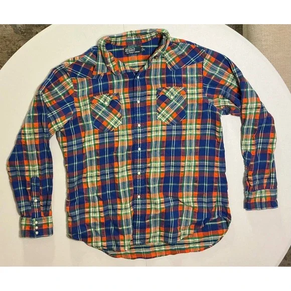 VTG Y2K Polo‎ Ralph Lauren Men XL Plaid Flannel Pearl Snap Longsleeve Multicolor