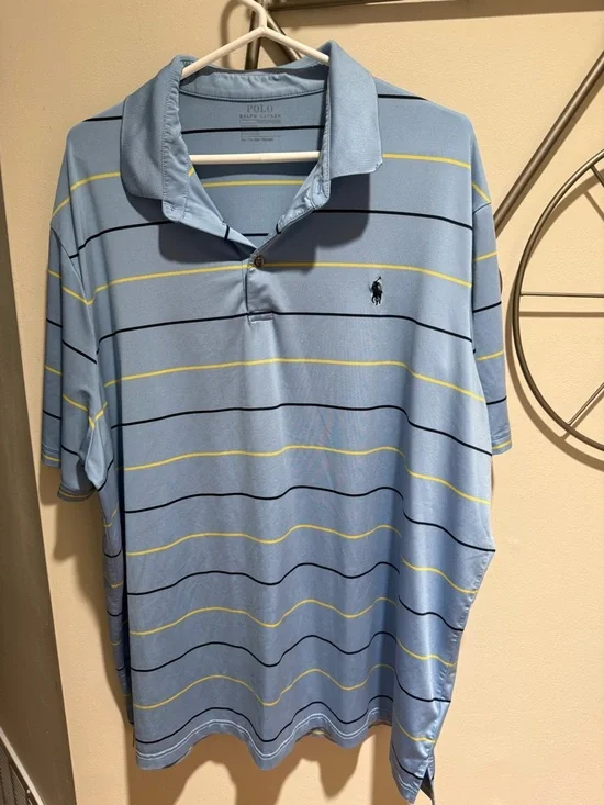 Polo by Ralph Lauren Sky Blue Polo with Navy and Yellow Stripes Size XXL