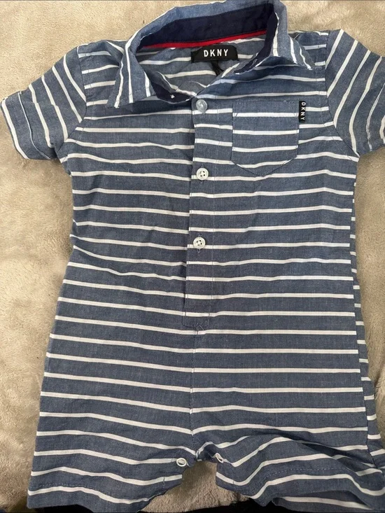 DKNY Navy and White Striped Infant Polo Romper