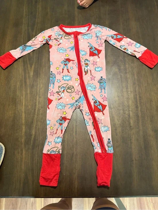Little Sleepies Pink Superhero One-Piece Footie with Red Trim