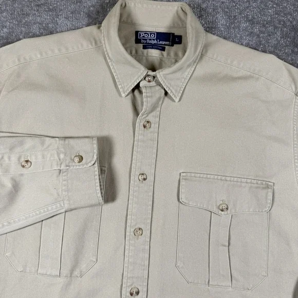 Polo Ralph Lauren Shirt Men's Large Beige Cotton Twill Work Long Sleeve Utility