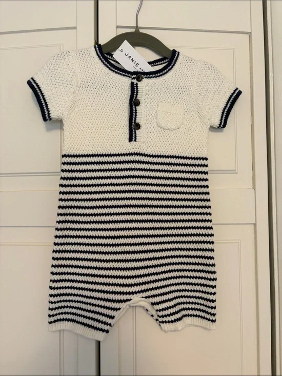 Janie and Jack White & Navy Striped Knit Romper