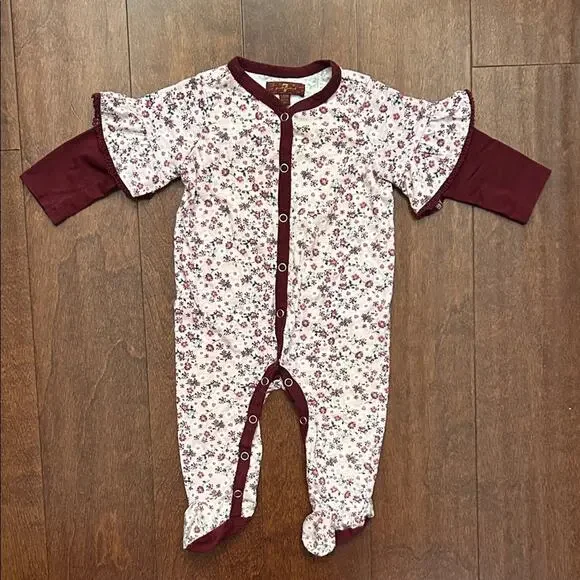 7 For All Mankind Floral Burgundy Kids Footie One Piece, Size 3-6 Months