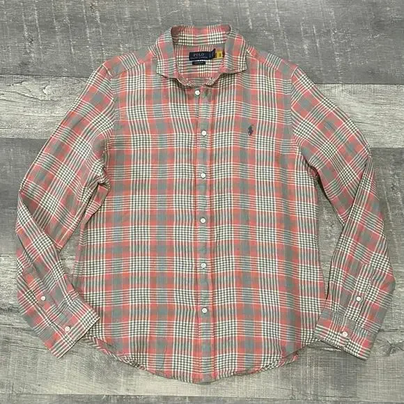 POLO Ralph Lauren Linen Long Sleeve Button Up Shirt Mens L Plaid Classic Fit