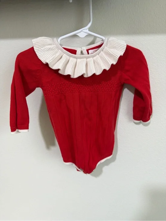 Cat & Jack Red Knit Baby Romper with Cream Ruffle Collar