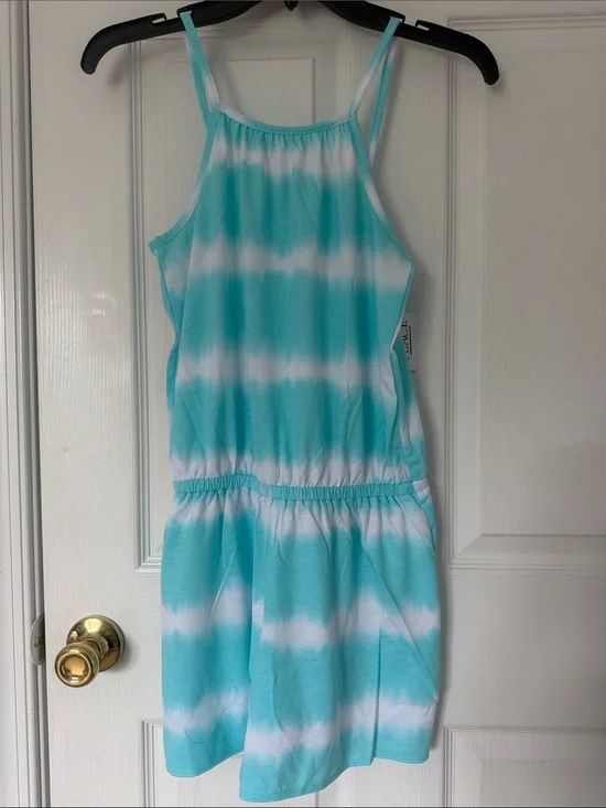 The Children's Place Aqua & White Tie-Dye Girls' Strap Romper Size XL