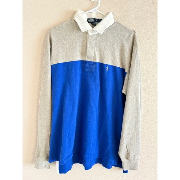 Polo Ralph‎ Lauren Mens Rugby Shirt Medium Grey Blue Colorblock Long Sleeve Pony