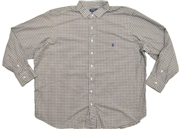 Polo Ralph Lauren Shirt 3XB Brown Blue Plaid Check 100% Cotton Stretch Long Slee