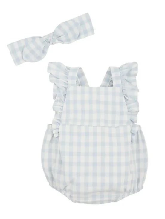 Mud Pie Light Blue Gingham Baby Romper with Headband