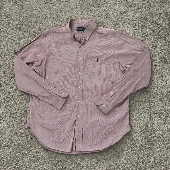 Ralph Lauren Shirt 17 Red White Red Striped Pony Button Up Long Sleeve Mens XL