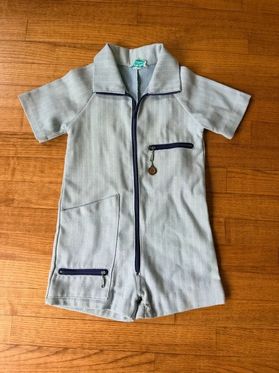 VTG 70s Penny Pockets boy Childrens Romper Jumpsuit Blue Herringbone Knit Shorts