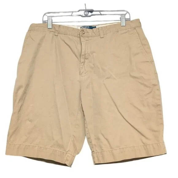 Polo Ralph Lauren Khaki Chino Shorts Mens 36 Flat Front Classic Fit Blue Pony