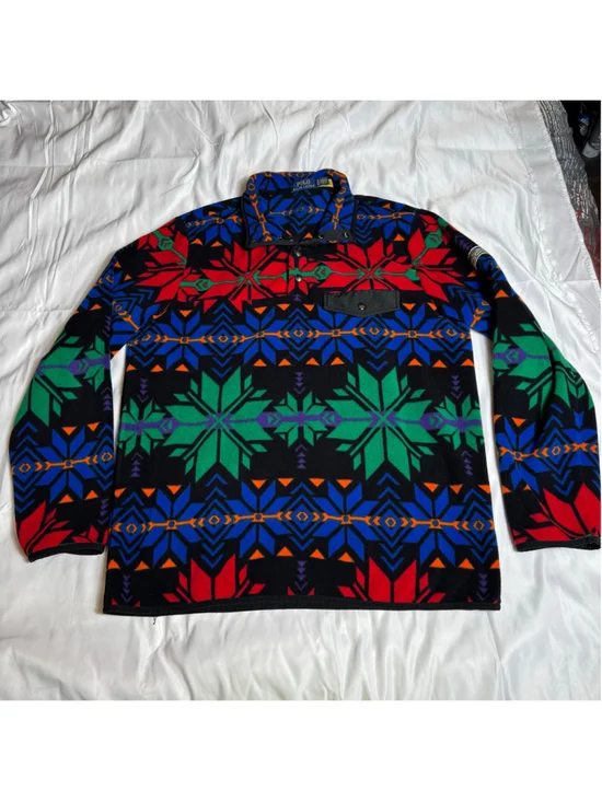 Men's Polo Ralph Lauren Fleece Pullover Sweater XL Black Red Blue Patterned