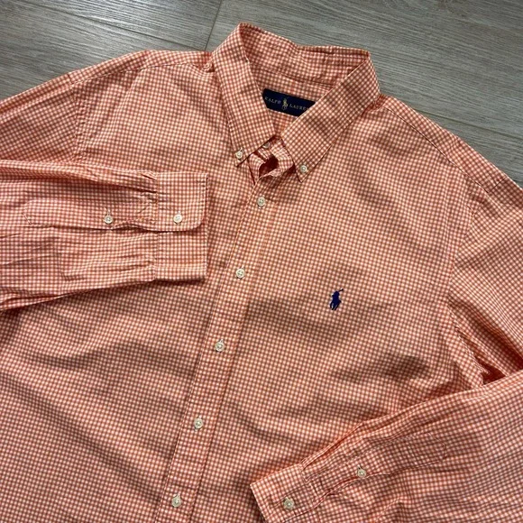 Polo Ralph Lauren 2XL XXL Orange Gingham Button Up Shirt Blue Pony