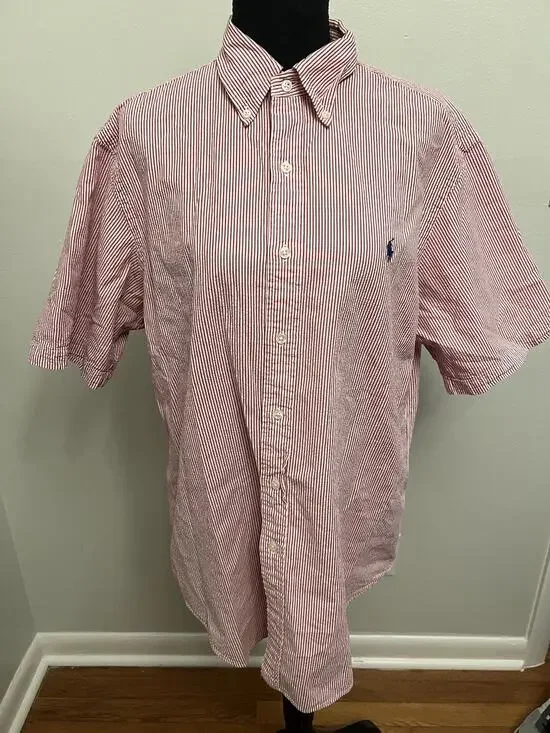Polo Ralph Lauren Shirt Mens Large Red White Pinstripe Button Cotton Classic Fit