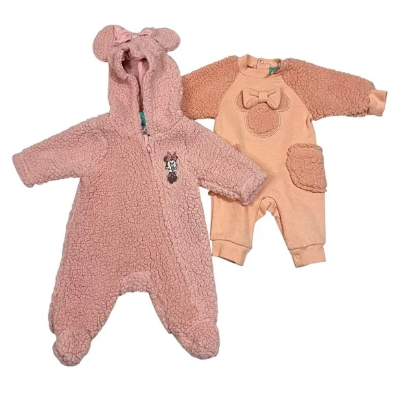 Disney Baby Minnie‎ Mouse Pink Sherpa Fleece Hooded Footed Jumpsuit - SizeNB