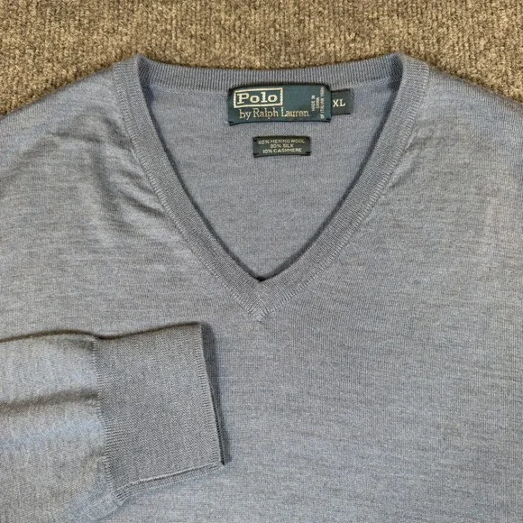 Polo Ralph Lauren Mens XL Blue Merino Wool Silk Cashmere V-Neck Sweater #3098