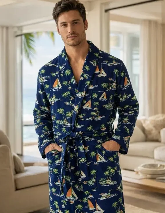 Polo Ralph Lauren Robe Mens Large XL Navy Sailboat Tropical Cotton Bathrobe NWT