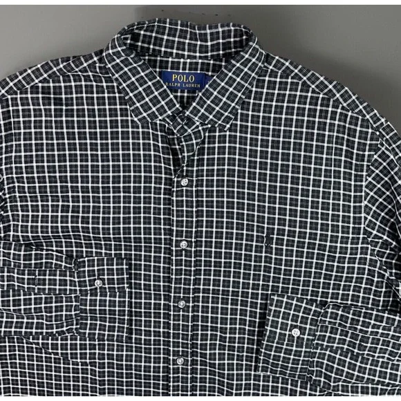 Polo Ralph Lauren Shirt Men Sz XL Plaid Checks Black White Long Sleeve Button Up