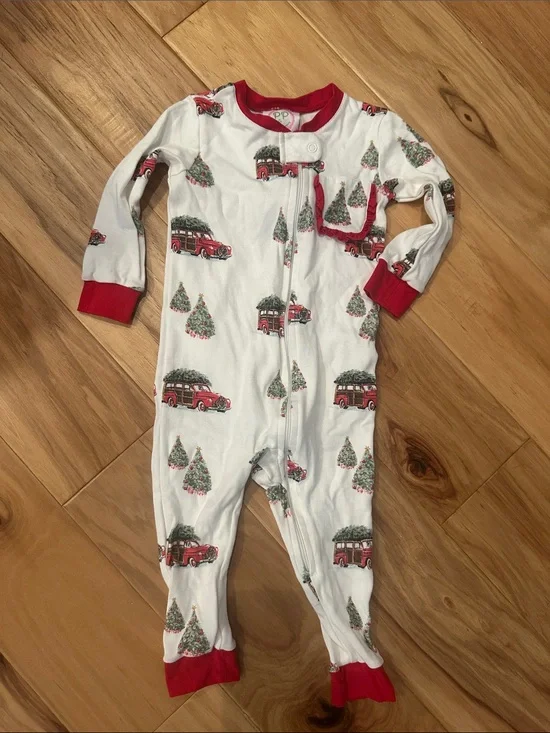 White & Red Vintage Truck Christmas Footed Pajamas by Posh Pickle Company