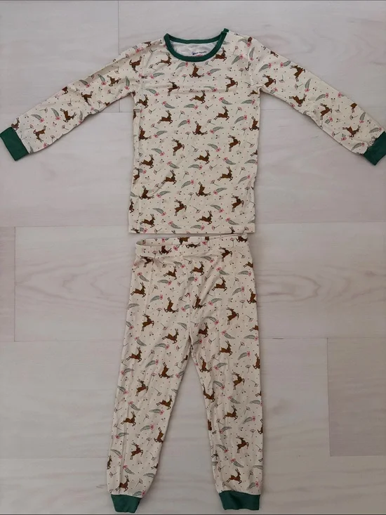 Magnetic Me Modal Cream Reindeer Pajama Set with Green Trim, 3T