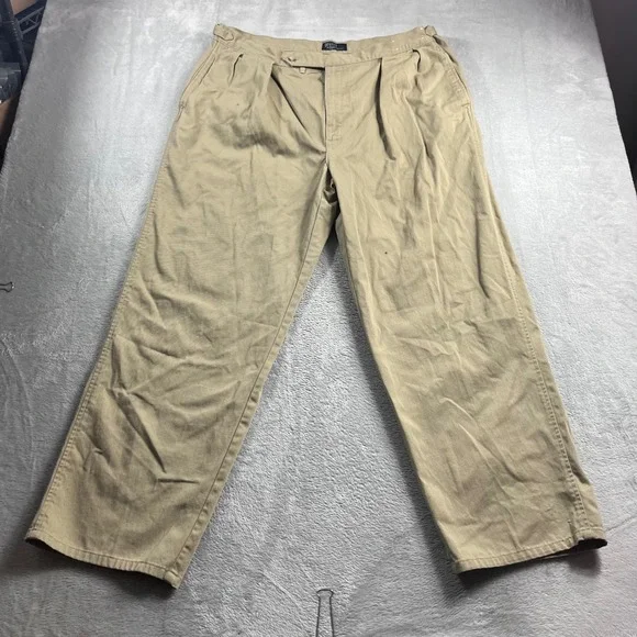 Polo Ralph Lauren Mens 42x30 Pleated Chino Pants Khaki Tan Made in USA Adjusters