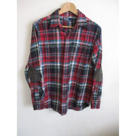 Polo Ralph Lauren Western Flannel Shirt Mens Medium Red Tartan Plaid Elbow Patch