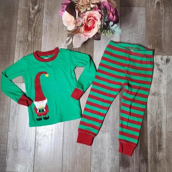 Gymboree Size 2t Matching Elf Pajama Set Red & Green Striped Christmas PJs EUC