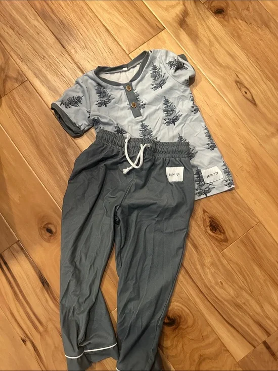 Jane + Jo Blue Tree Print Top with Slate Blue Drawstring Pants