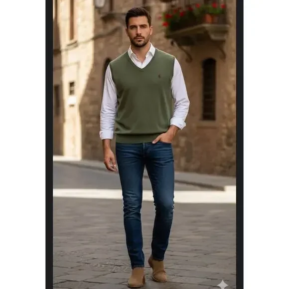 POLO RALPH LAUREN 100% Pima Cotton Sweater Vest‎ Men’s XLT Green V-Neck Red Pony