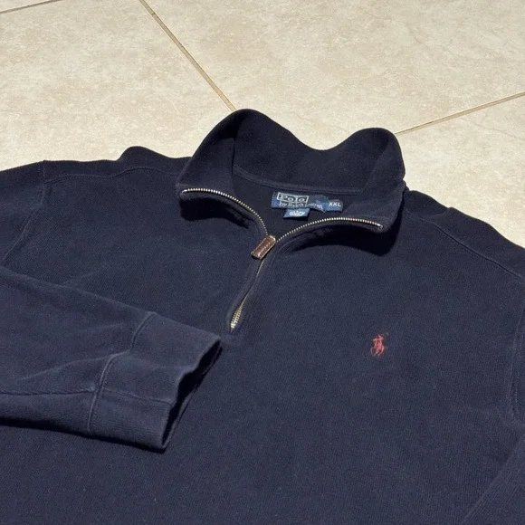 Polo Ralph Lauren Sweater Mens 2XL Navy Quarter‎ Zip Mock Neck Cotton Pony Logo
