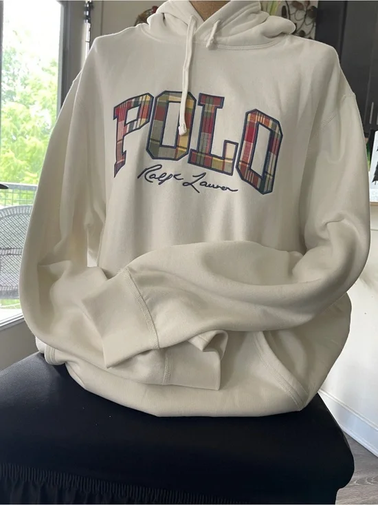 Polo by Ralph Lauren Cream Hoodie with Multicolor Plaid 'POLO' Logo
